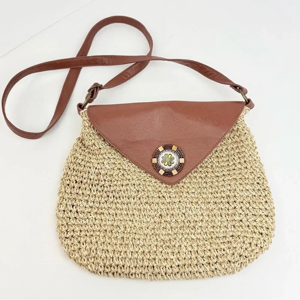 Sun N Sands Tan Woven Jute Faux Leather Bead Medallion Flap Crossbody Bag